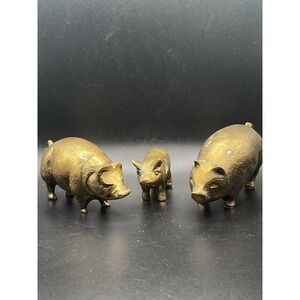 3 Vintage Solid Brass Pig Family Figures Ornaments Three Little Pigs Retro Heavy
